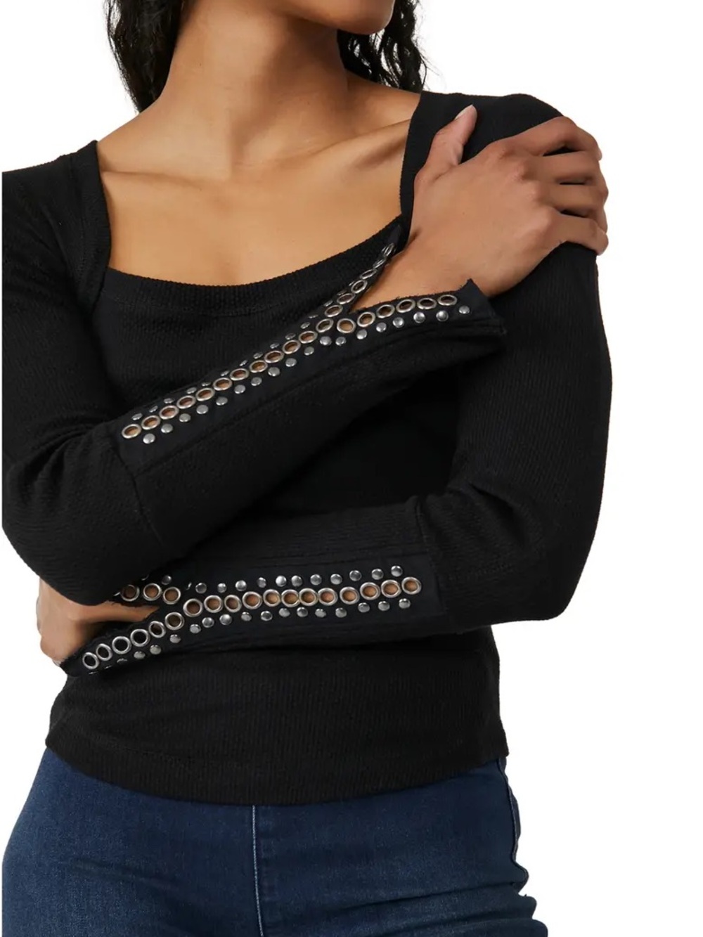 Free People A Little Unruly Square Neck Thermal Top Black - Size L